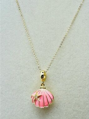 Pink Enamel Shell Pendant Necklace - 18 KT Gold Plated